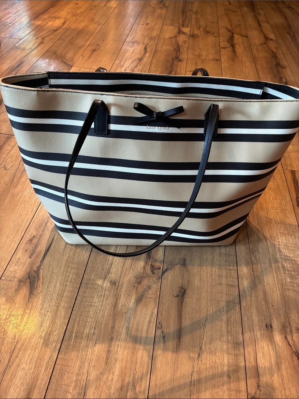 kate spade Cream and Black Striped Tote with Bow Accent